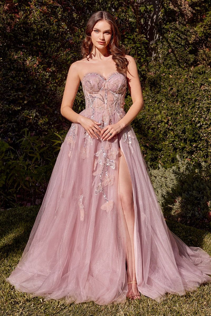 Strapless Blue Sweetheart Embroidered Bodice Long Prom Dress CDA1294-0