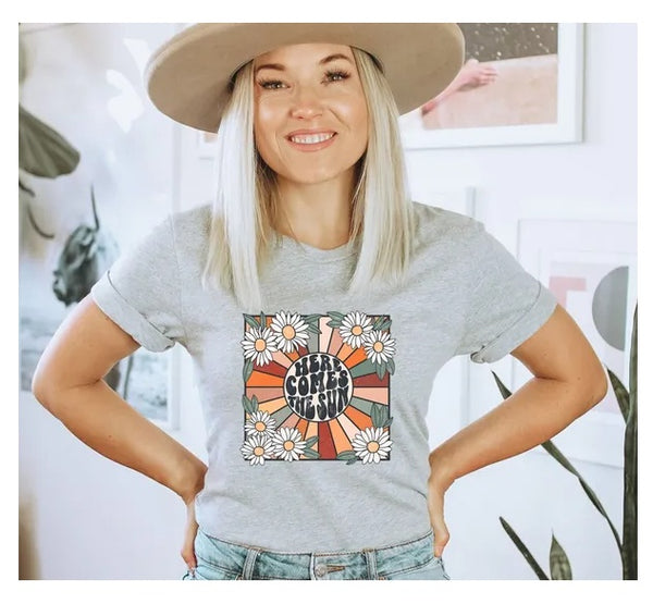 Here Comes The Sun T-shirt, Sunshine Shirt, Save The Day Tee, Peace T-shirt, Floral Shirt, Gift For Mom, Beatles Retro Shirt, Hippie Tee