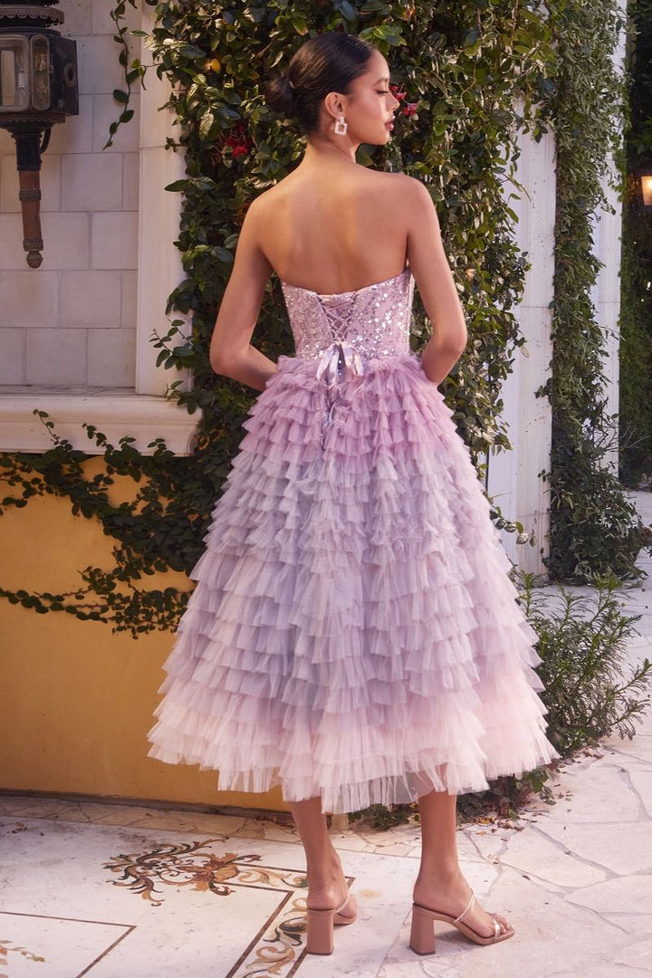 Layered Ruffle Lacender Strapless Tea Length Cocktail Dress CDA1309-1