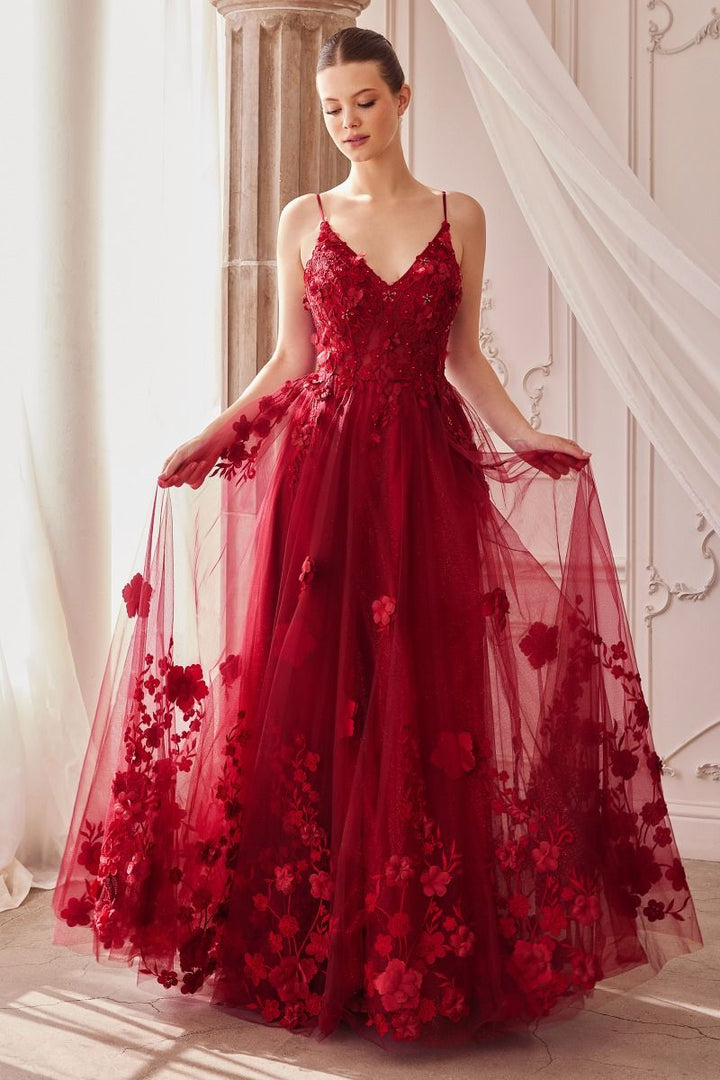A-Line Floral Appliqued Tulle V-Neck Long Prom & Mother Of The Bride Dress CDA1326-0