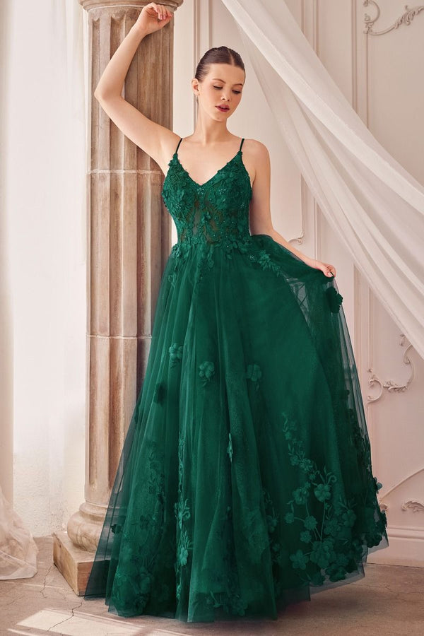 A-Line Floral Appliqued Tulle V-Neck Long Prom & Mother Of The Bride Dress CDA1326-5