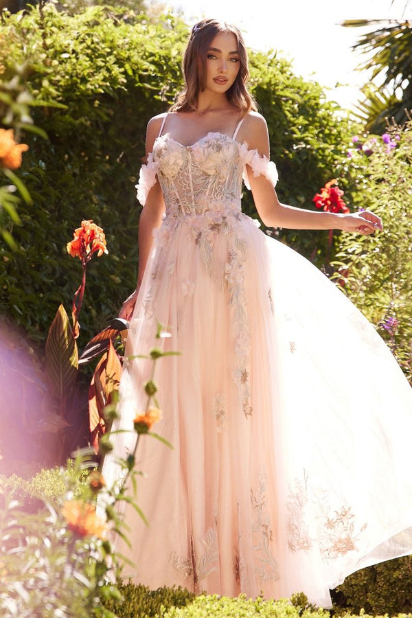 A-Line Off Shoulder 3D Floral Tulle Skirt Long Prom Dress CDA1330-0