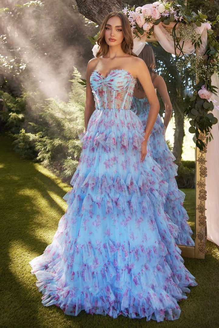 Floral Printed Strapless Open Back Sweetheart Long Prom Dress CDA1334-3