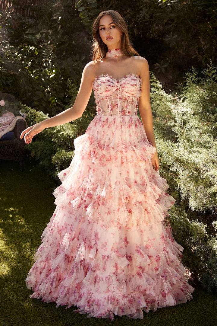 Floral Printed Strapless Open Back Sweetheart Long Prom Dress CDA1334-1