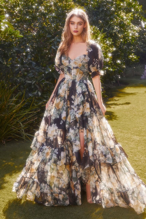 Floral Printed Ruffle Short Sleeves Sweetheart Long Prom Dress CDA1336-5