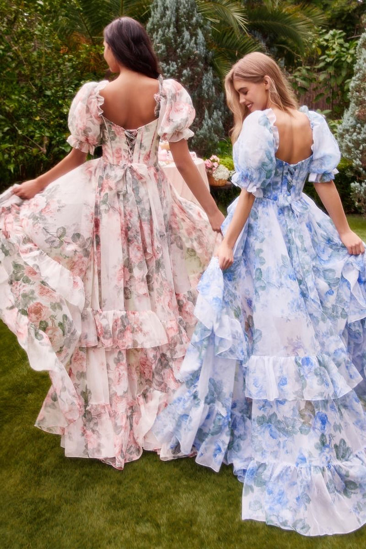 Floral Printed Ruffle Short Sleeves Sweetheart Long Prom Dress CDA1336-3