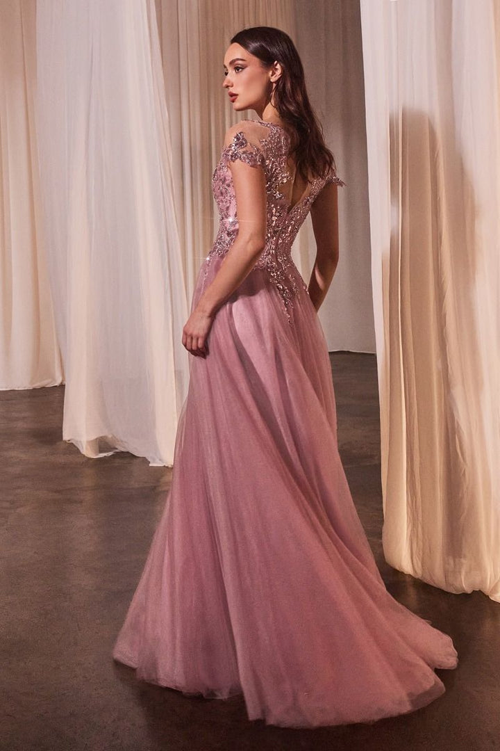 A-Line Cap Sleeves Embroidered Bodice Long Prom Dress CDA1350-1