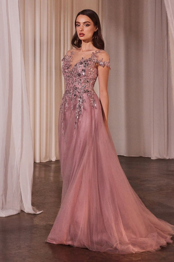 A-Line Cap Sleeves Embroidered Bodice Long Prom Dress CDA1350-0