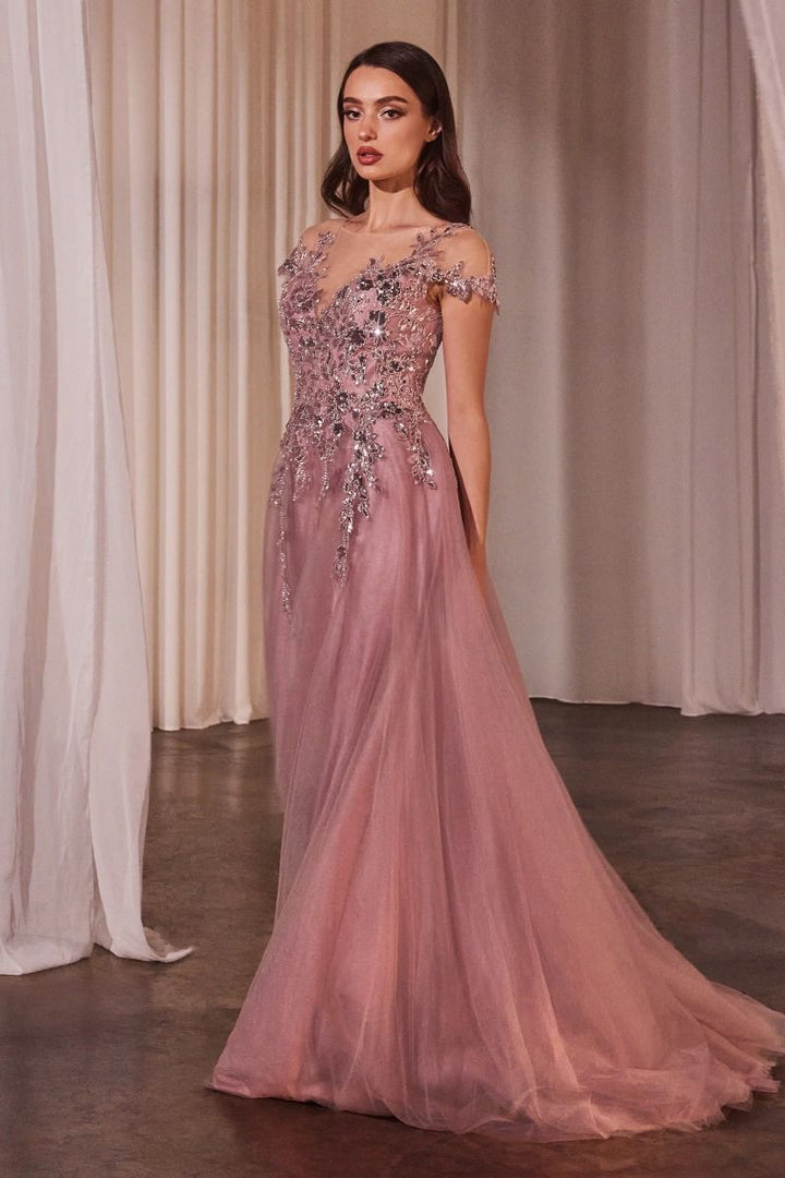 A-Line Cap Sleeves Embroidered Bodice Long Prom Dress CDA1350-0