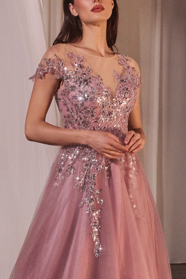 A-Line Cap Sleeves Embroidered Bodice Long Prom Dress CDA1350-3