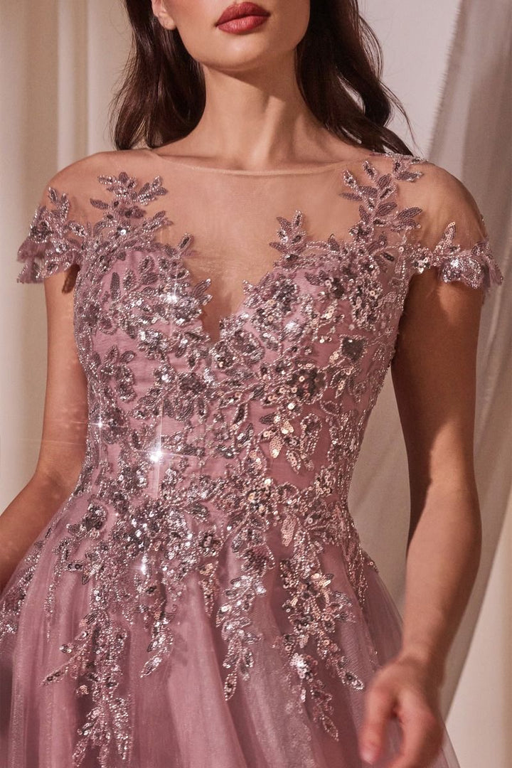 A-Line Cap Sleeves Embroidered Bodice Long Prom Dress CDA1350-2