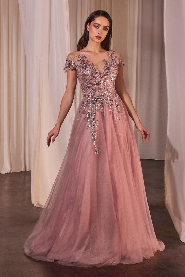 A-Line Cap Sleeves Embroidered Bodice Long Prom Dress CDA1350-4