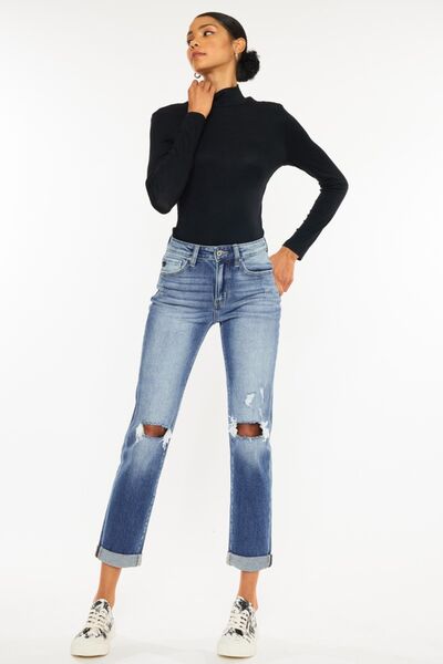 Kancan High Waist Distressed Hem Detail Cropped Straight Jeans-1
