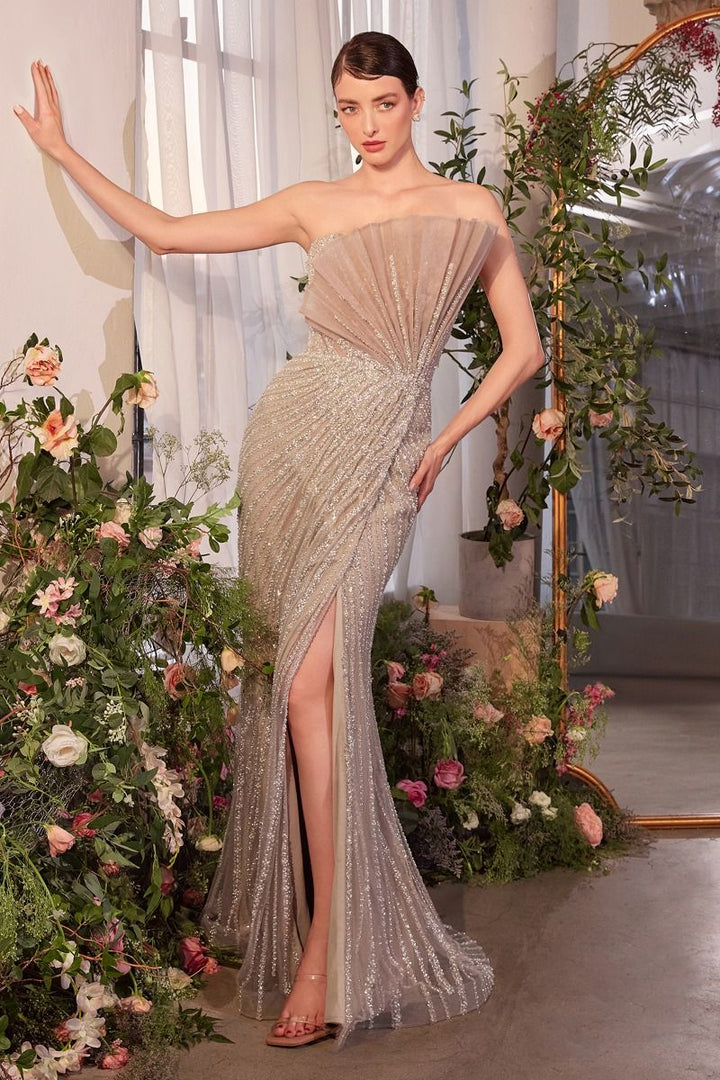 Pleated Fan Bodice Fitted Pearl Gown-1