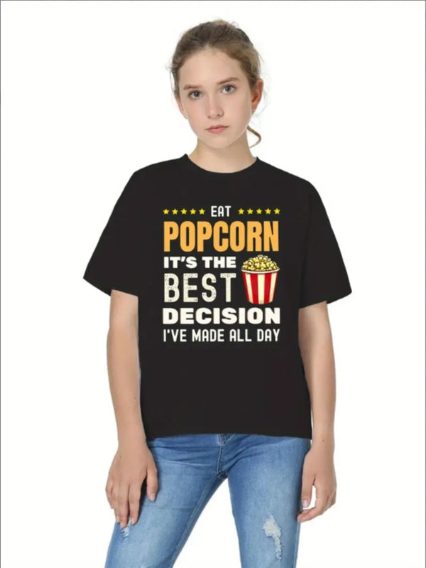 Girls' Popcorn & Letter Print Casual Tee - Comfy Crew Neck, Machine Washable - Perfect For Spring & Summer