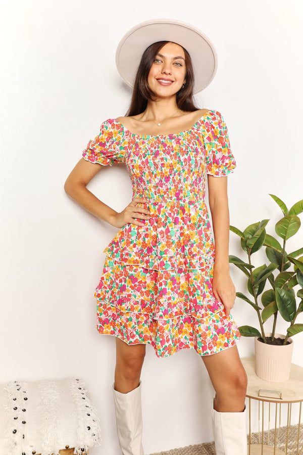 Double Take Smocked Sweetheart Neck Flounce Sleeve Mini Dress-0