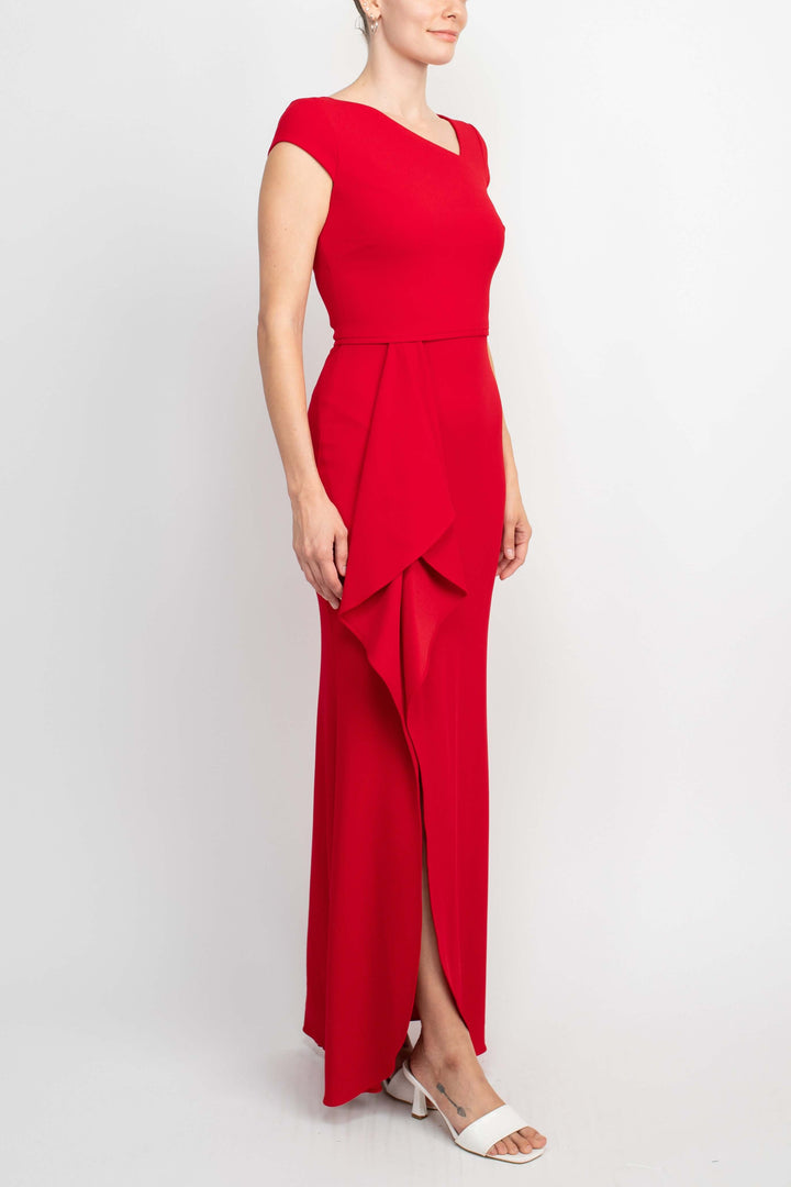 Betsey and Adam Asymmetrical Neck Cap Sleeve Flutter Side Slit Side Zipper Back Solid Scuba Dress-1