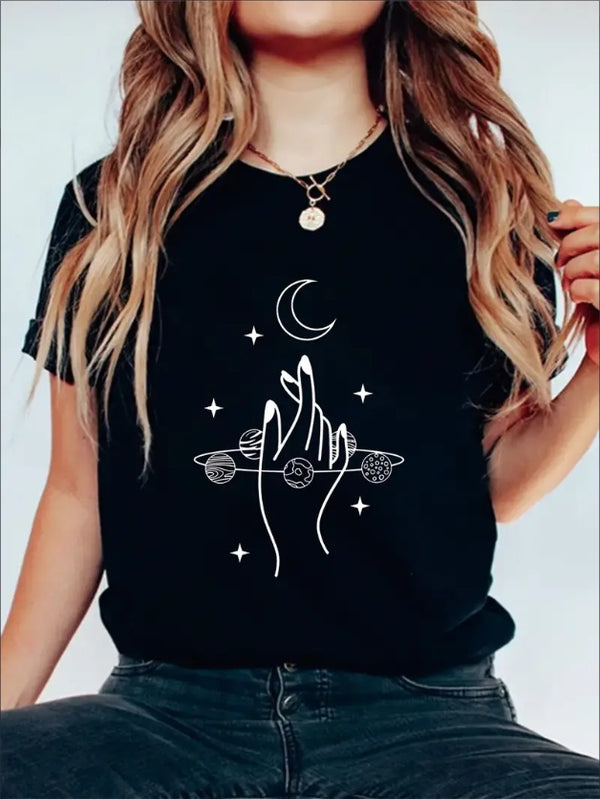 Short Sleeve Crew Neck Solid T-Shirt, Moon Graphic Print Women's Casual Top For Summer & Spring