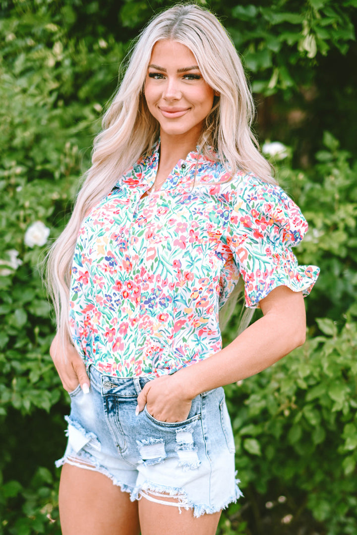 Azaria Floral Print Button Split Neck Puff Sleeve Blouse-3