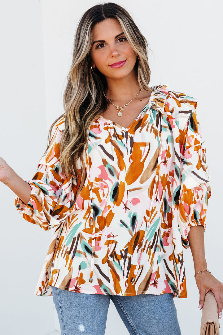 Aurelia Drawstring Frilled V Neck 3/4 Sleeve Blouse-3