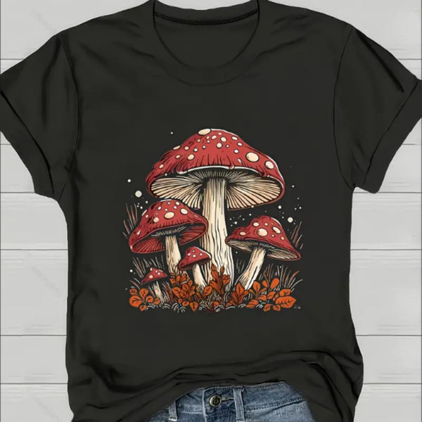Short Sleeve Mushroom Print Crew Neck T-Shirt For Spring & Summer, Women's Casual Clothing