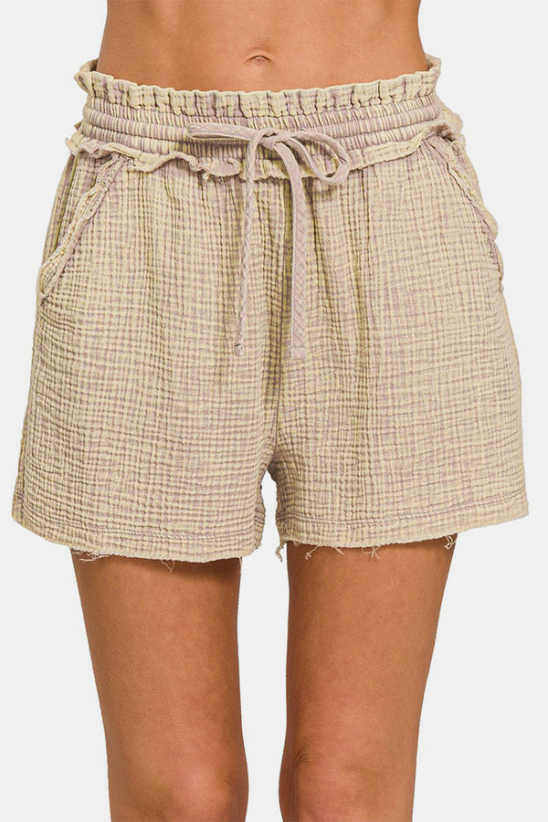 Zenana Washed Frayed Hem Drawstring Shorts-0