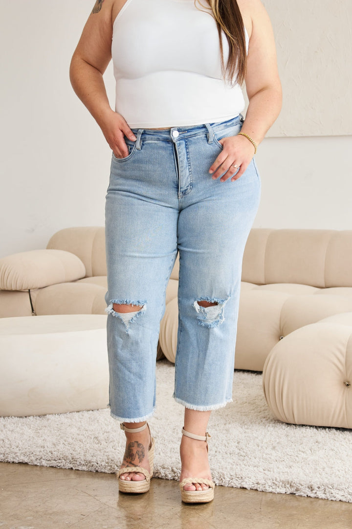 RFM Full Size Tummy Control High Waist Raw Hem Distressed Jeans-4
