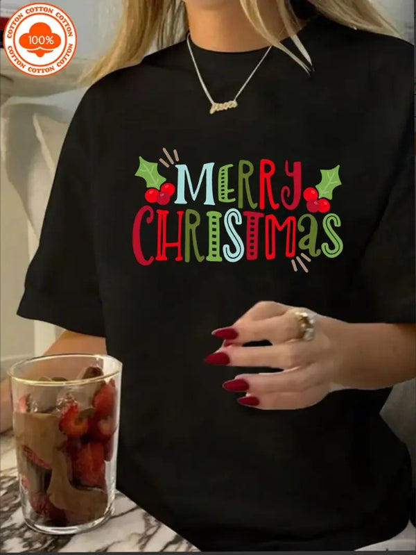 Merry Christmas - Letter Cherry Christmas Pattern Letter Print Women's Summer Round Neck Versatile Short Sleeve T-shirt Casual