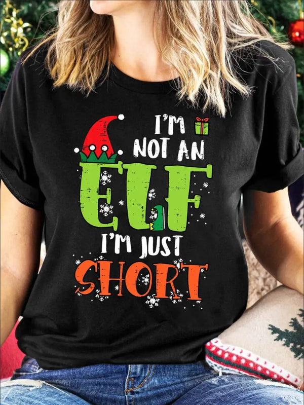 Women's Festive Christmas Elf Hat Print T-Shirt, Casual Round Neck, Short Sleeve, Regular Fit, Machine Washable, Black