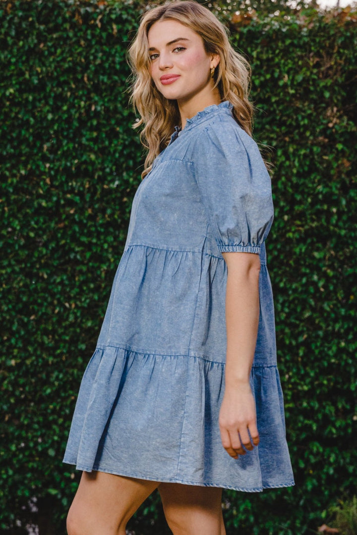 ODDI Washed Tiered Mini Denim Dress-2