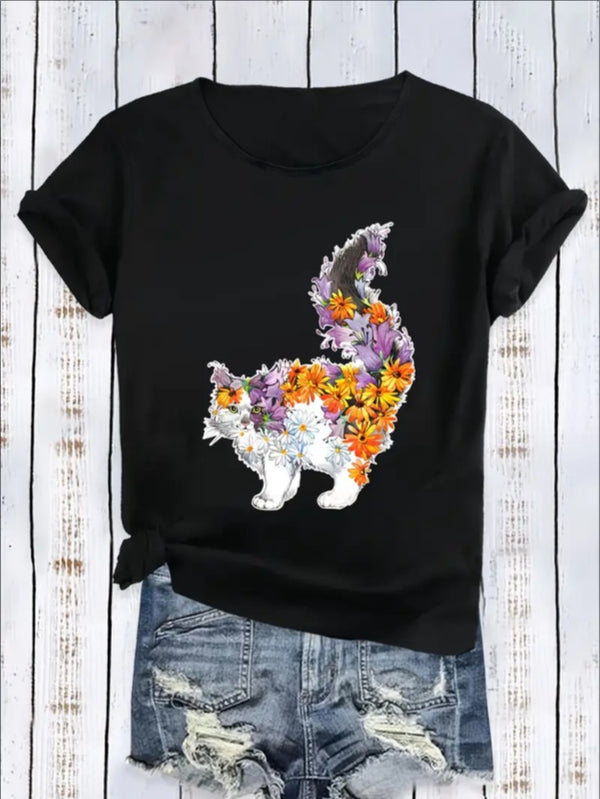 Floral Cat Print Cute Round Neck T-Shirt, Casual Style, Short Sleeve, Sports Top For Women