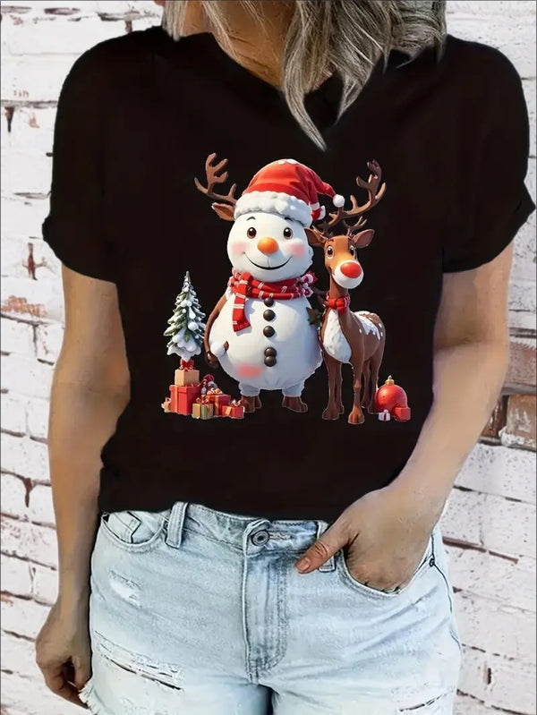Women's Plus Size Christmas Print Short Sleeve Crew Neck T-Shirt For Spring & Summer Casual Wear