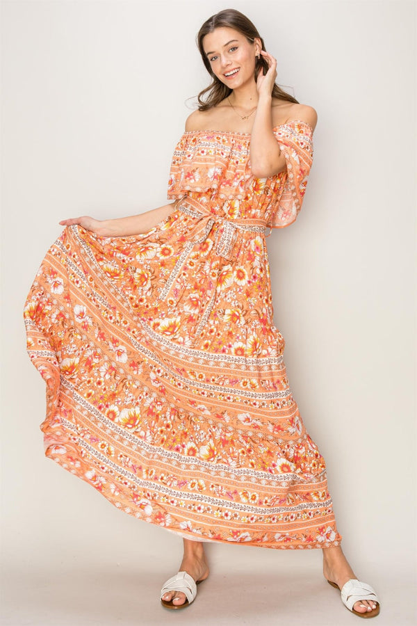 HYFVE Floral Off-Shoulder Tie Front Maxi Dress-0