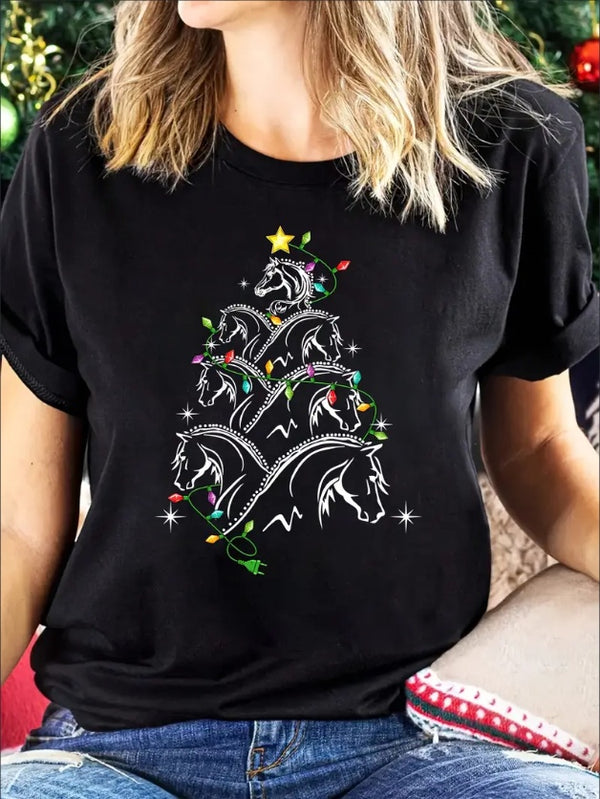 Women'S Horse Christmas Tree Print T-Shirt - Casual Crew Neck Short Sleeve Top, Regular Length, All-Season Wear