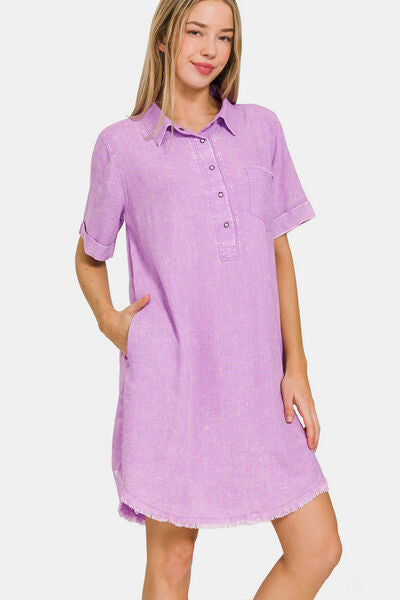 Zenana Washed Linen Raw Hem Dress with Pockets-0