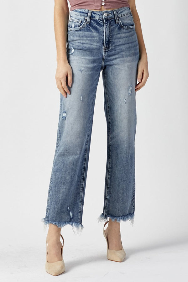 RISEN High Waist Raw Hem Straight Jeans-0