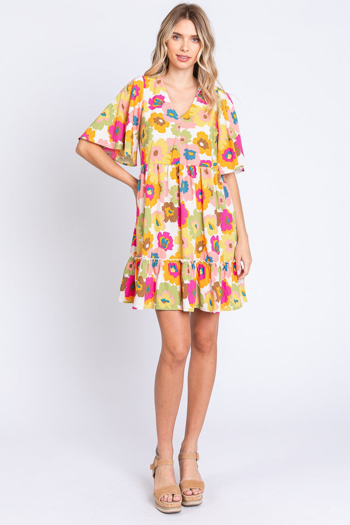 GeeGee Floral V-Neck Ruffle Hem Mini Dress-3