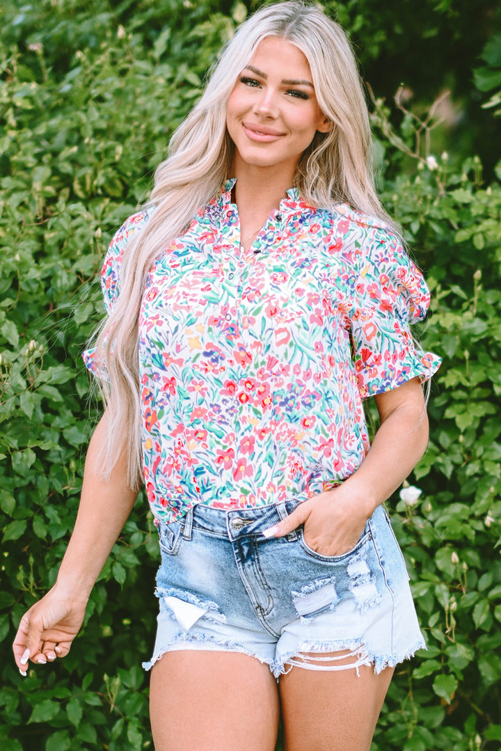 Azaria Floral Print Button Split Neck Puff Sleeve Blouse-4
