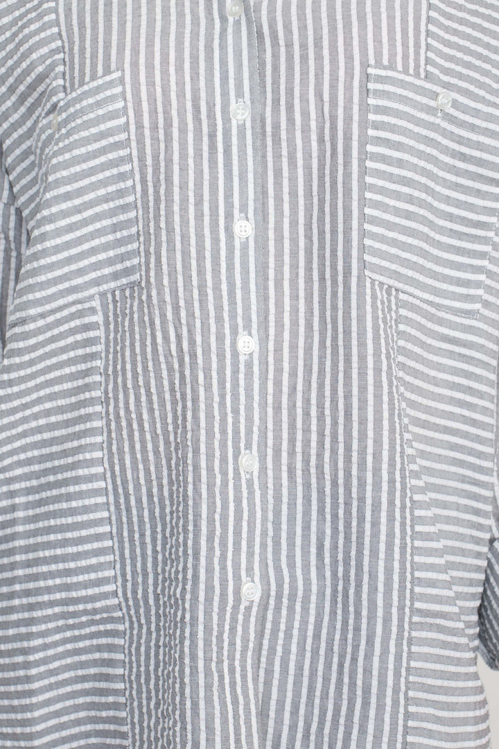 Adyson Parker Collared Button Down 2 Way Sleeve Pockets High Low Hem Polyester Shirt-3