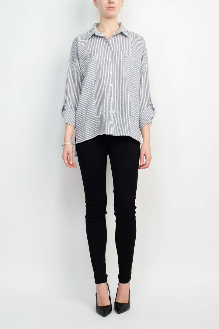 Adyson Parker Collared Button Down 2 Way Sleeve Pockets High Low Hem Polyester Shirt-4