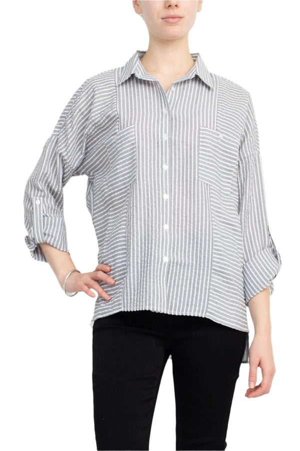 Adyson Parker Collared Button Down 2 Way Sleeve Pockets High Low Hem Polyester Shirt-0