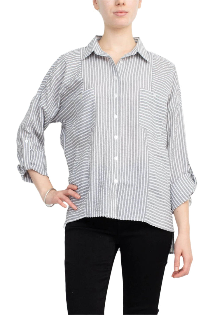 Adyson Parker Collared Button Down 2 Way Sleeve Pockets High Low Hem Polyester Shirt-0