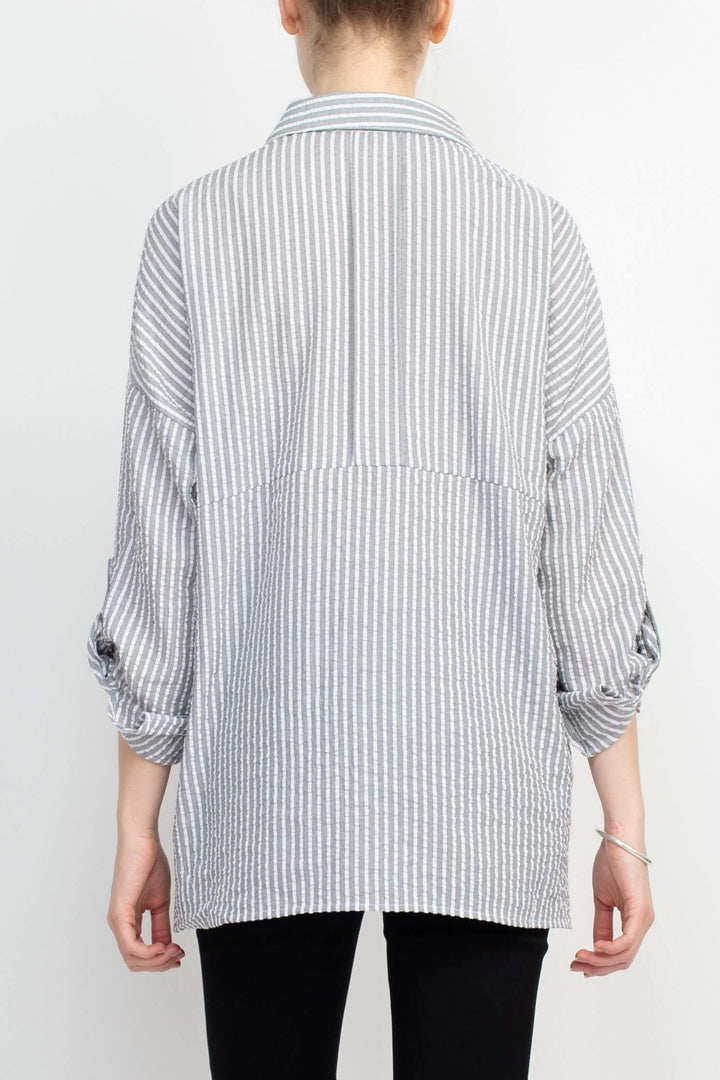 Adyson Parker Collared Button Down 2 Way Sleeve Pockets High Low Hem Polyester Shirt-2