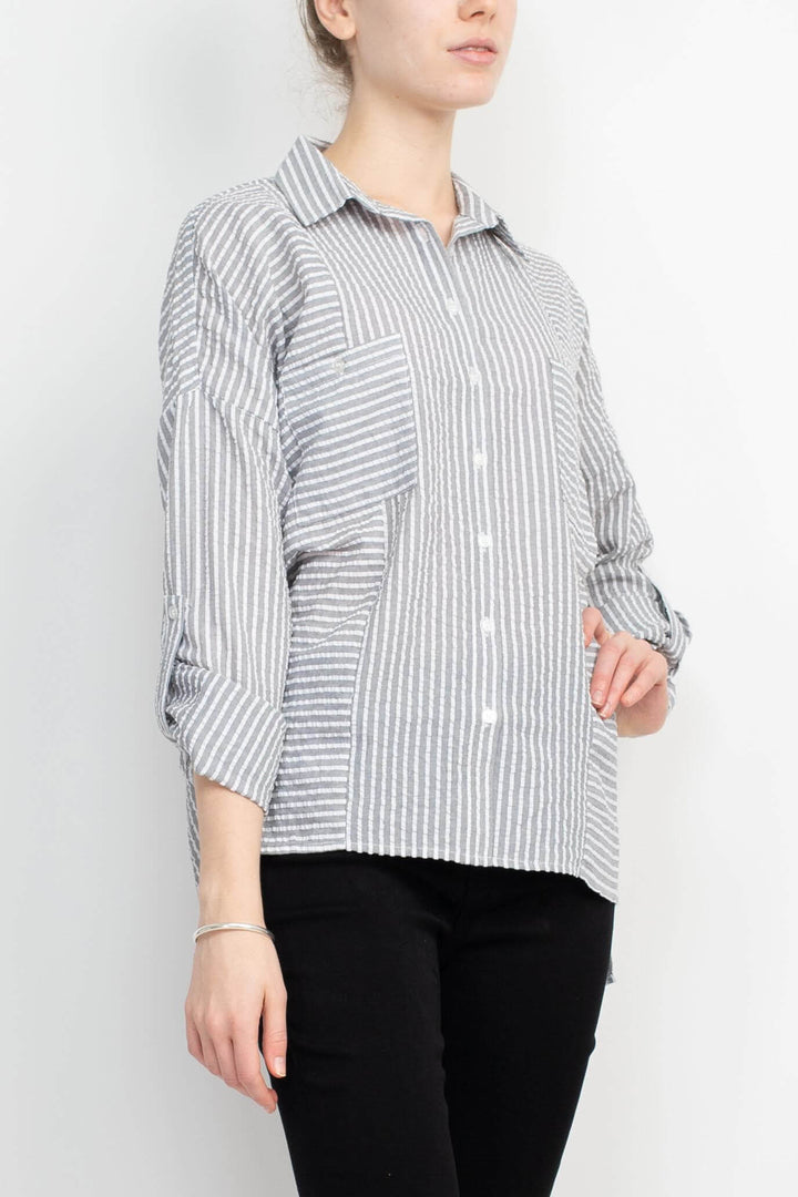 Adyson Parker Collared Button Down 2 Way Sleeve Pockets High Low Hem Polyester Shirt-1