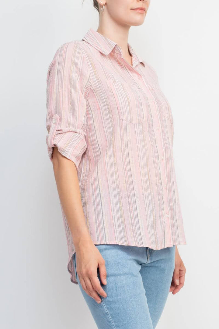 Adyson Parker Collared Button Down 2 Way Sleeve Pockets Multi Color Rayon Shirt-3
