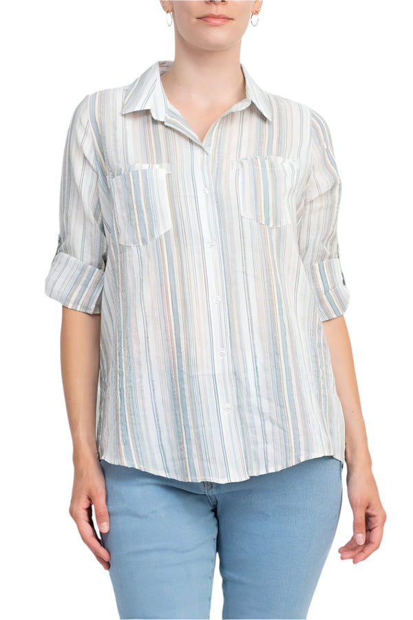 Adyson Parker Collared Button Down 2 Way Sleeve Pockets Multi Color Rayon Shirt-0