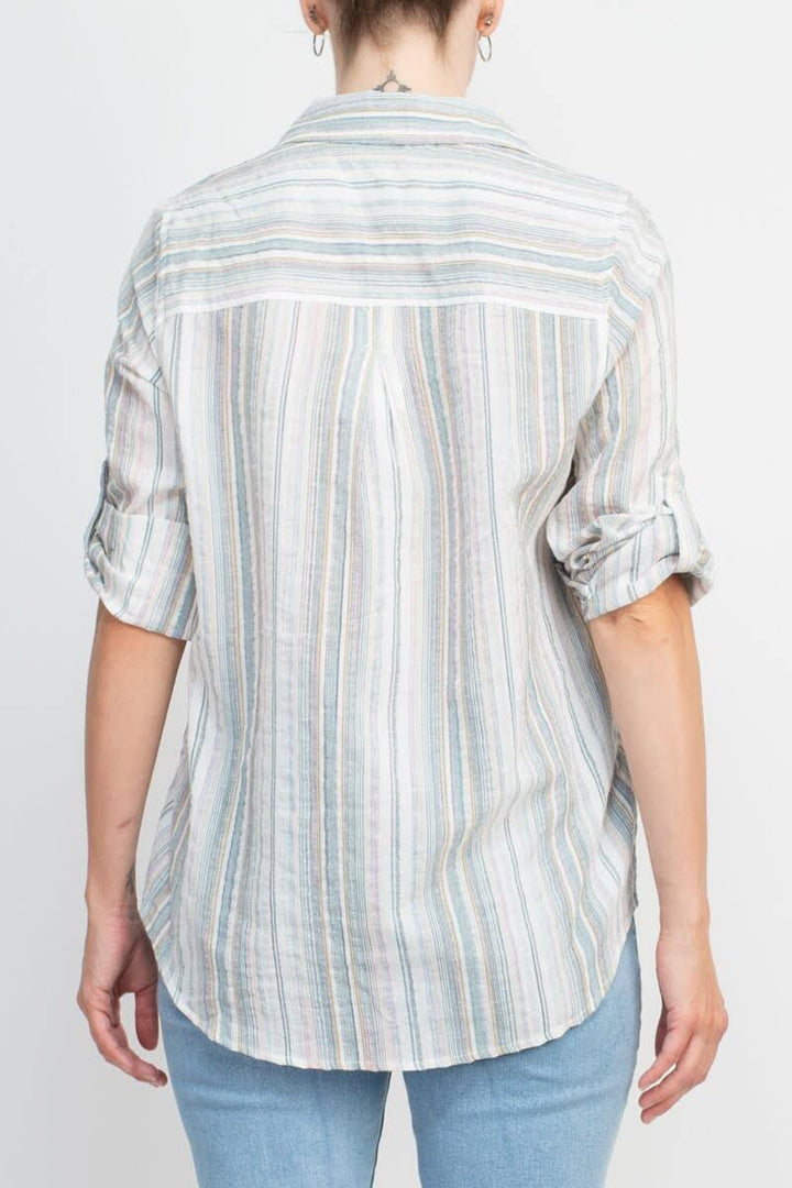 Adyson Parker Collared Button Down 2 Way Sleeve Pockets Multi Color Rayon Shirt-4