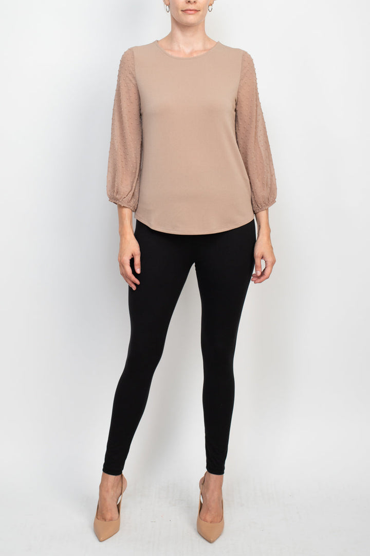 Adrianna Papell crew neck 3/4 sleeve clip dot chiffon sleeve solid moss crepe top-4