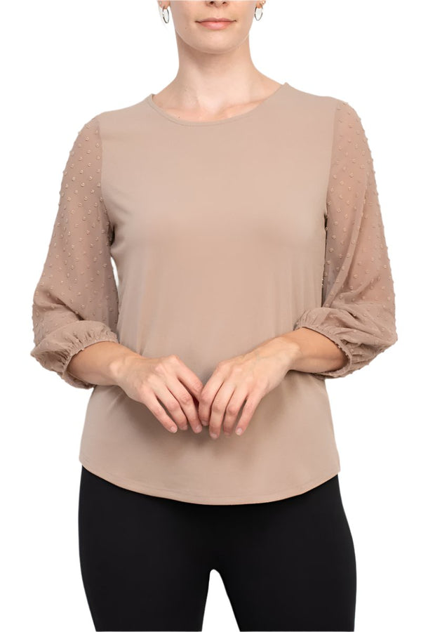 Adrianna Papell crew neck 3/4 sleeve clip dot chiffon sleeve solid moss crepe top-0