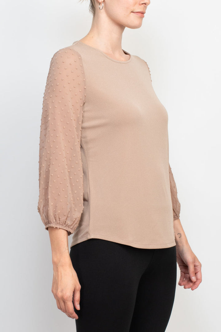 Adrianna Papell crew neck 3/4 sleeve clip dot chiffon sleeve solid moss crepe top-1
